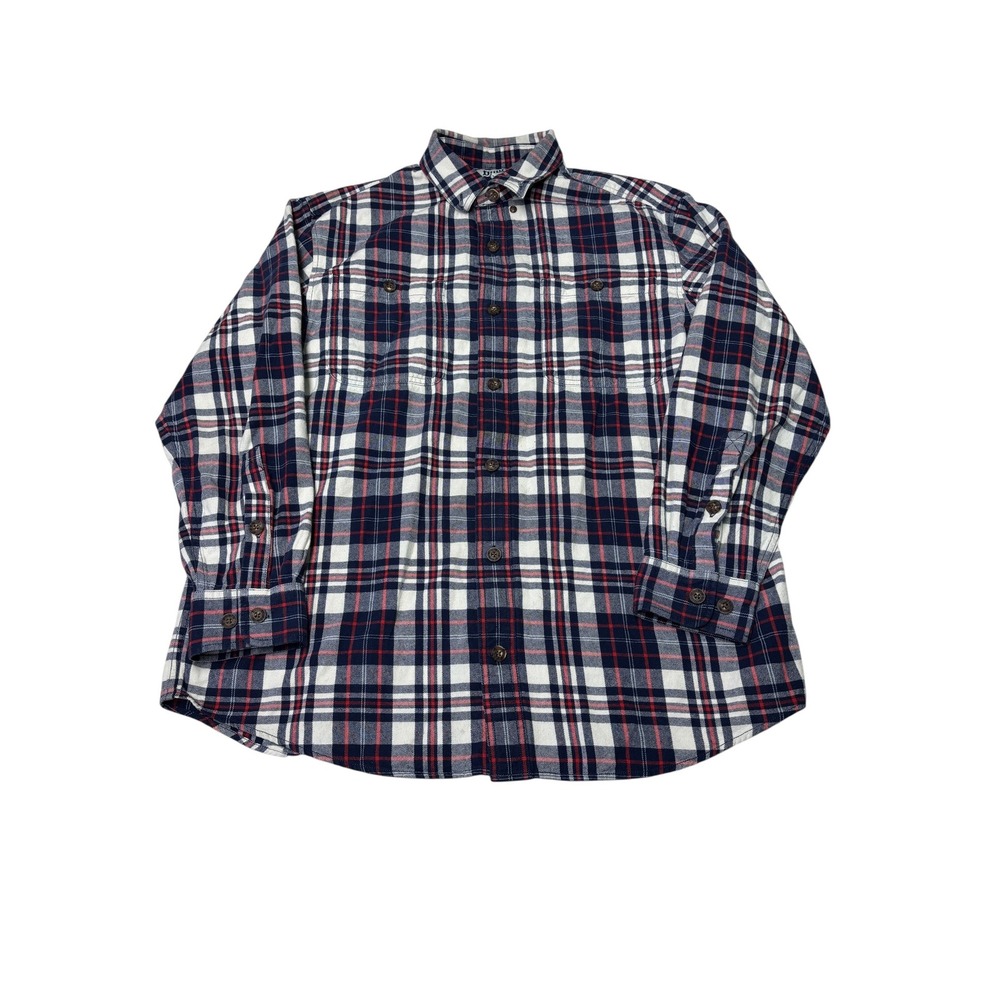 Duluth Trading Co Mens Large Relaxed Fit Plaid Button Down Shirt Navy Red White